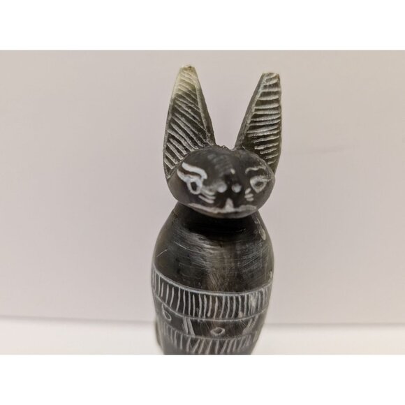 Hand-Carved Black Soapstone Egyptian Cat Figurine Hieroglyphic Detailing - Picture 2 of 10
